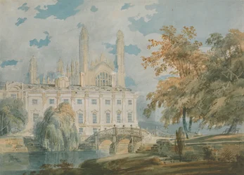 Clare Hall a kaple King’s College, Cambridge, od břehů řeky Cam